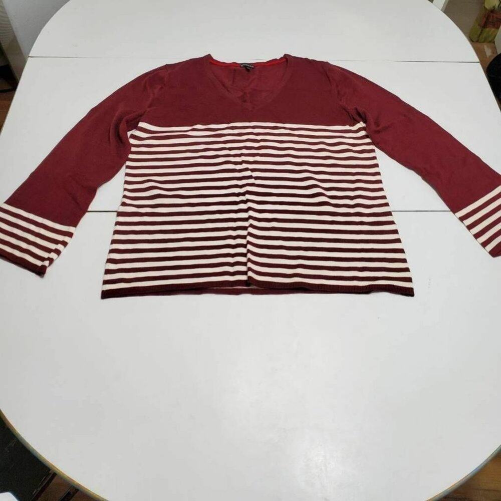 Hannah Womens Pullover Sweater Red White Stripe Long Sleeve V Neck‎ Ribbed Hem L